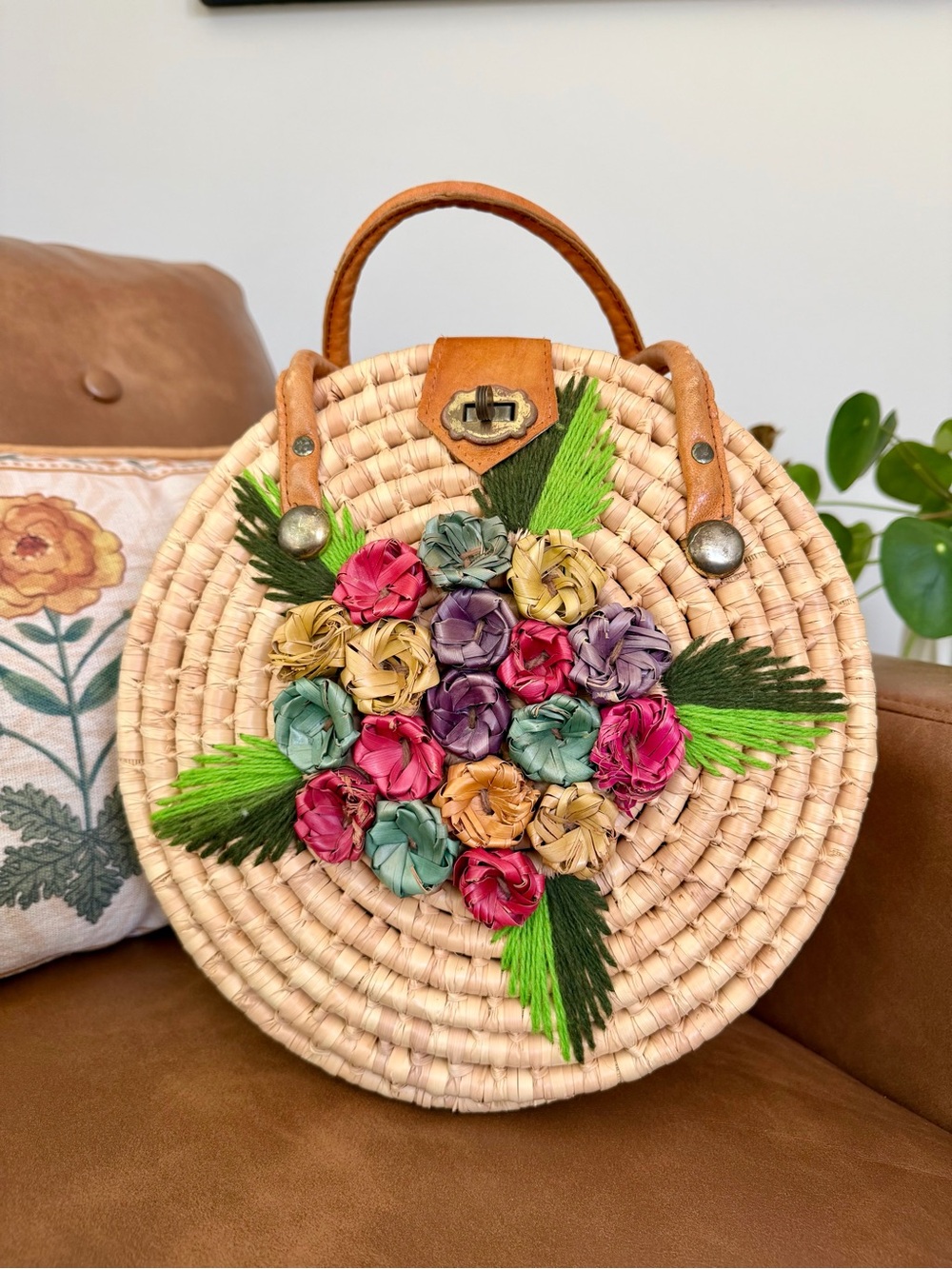 Vintage Handwoven Round Floral Straw Tote Bag in Natural and Multicolor